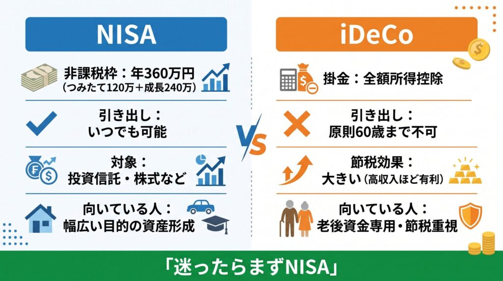 NISAとiDeCoの特徴を比較したインフォグラフィック。NISAは年間360万円の非課税枠でいつでも引き出し可能、iDeCoは掛金全額所得控除で60歳まで引き出し不可・高収入ほど節税効果大。下部に「迷ったらまずNISA」という結論を表示