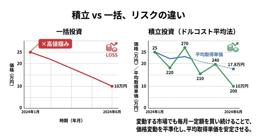 積立投資と一括投資のリスクの違いを示す折れ線グラフの比較図。一括投資は高値掴みのリスクがあるのに対し、積立投資（ドルコスト平均法）は下落時も買い続けることで平均取得単価が下がる仕組みを図解